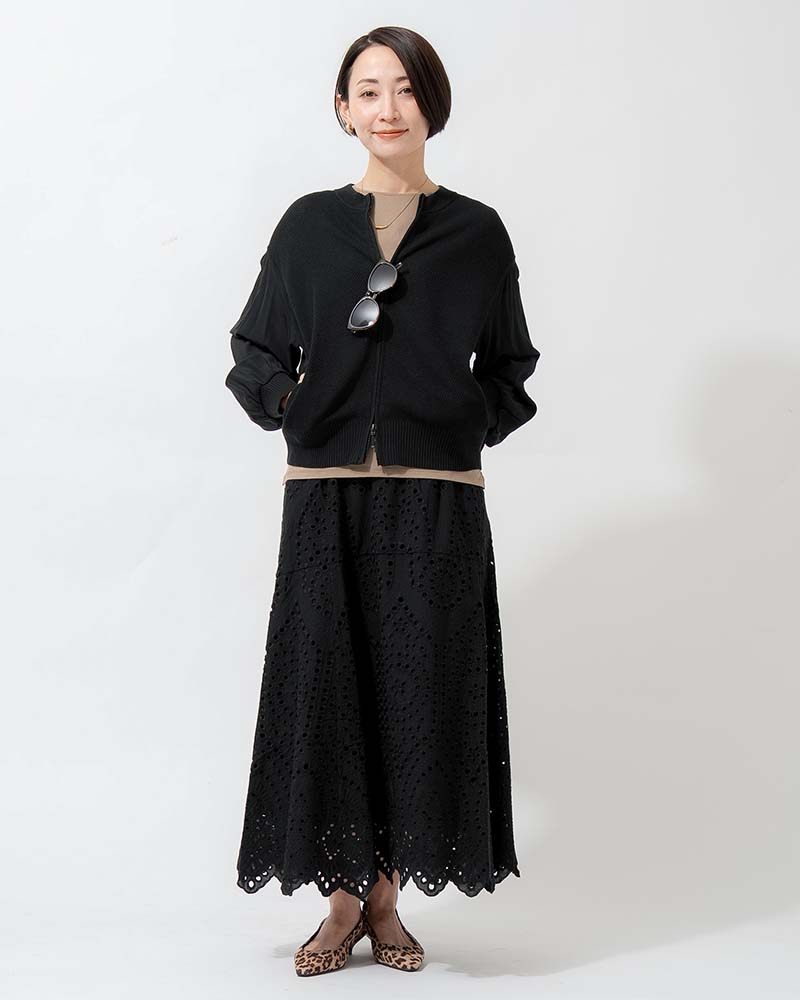 布帛切り替えタック編みリネンニットブルゾン