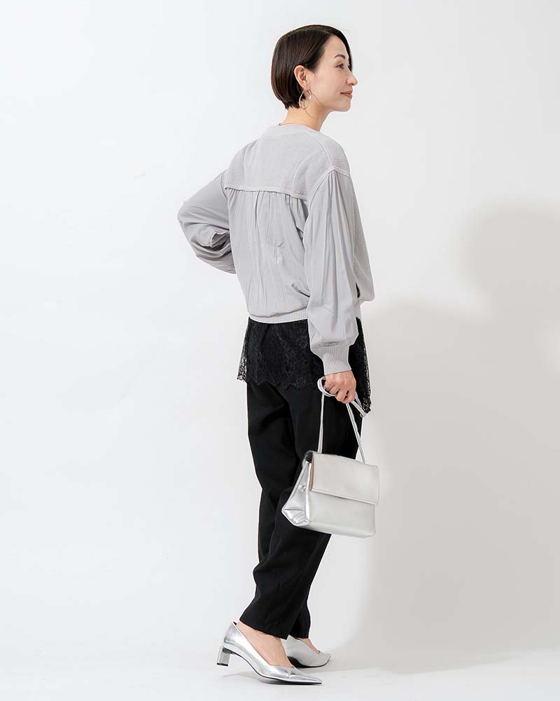 布帛切り替えタック編みリネンニットブルゾン