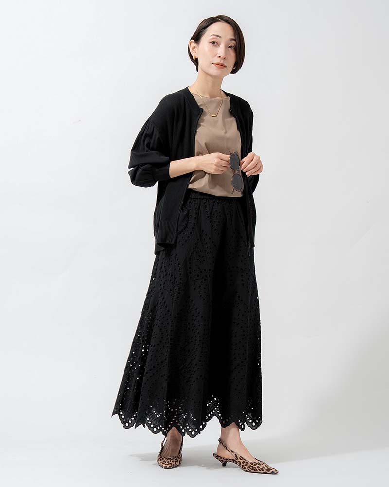 布帛切り替えタック編みリネンニットブルゾン