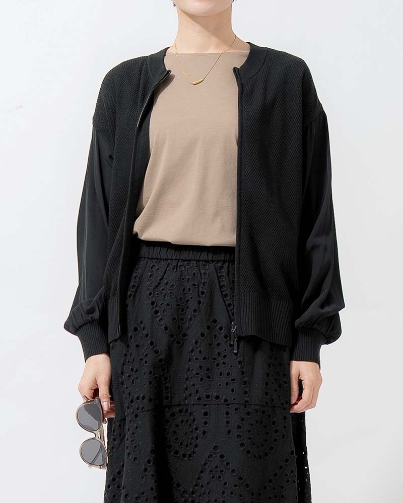 布帛切り替えタック編みリネンニットブルゾン
