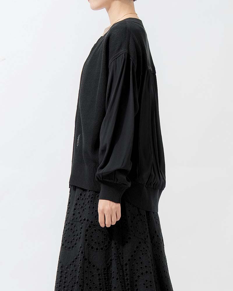 布帛切り替えタック編みリネンニットブルゾン