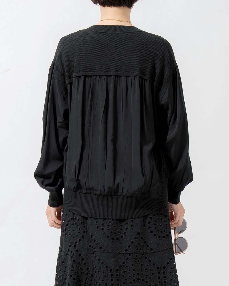 布帛切り替えタック編みリネンニットブルゾン