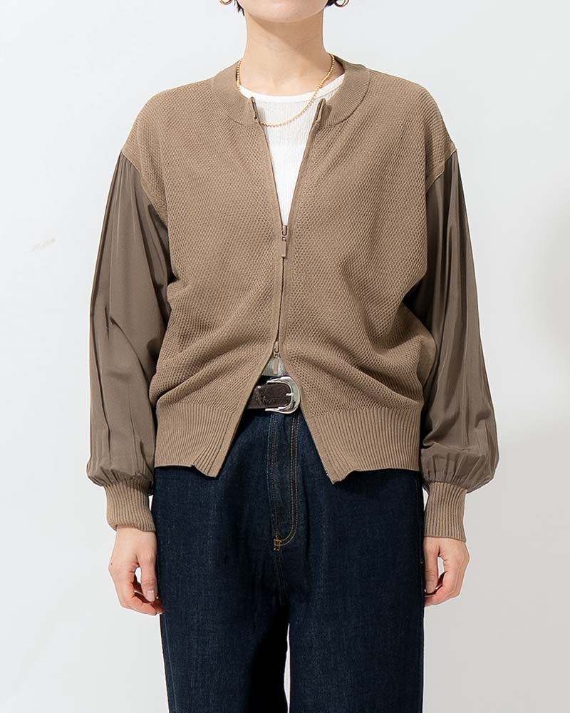布帛切り替えタック編みリネンニットブルゾン