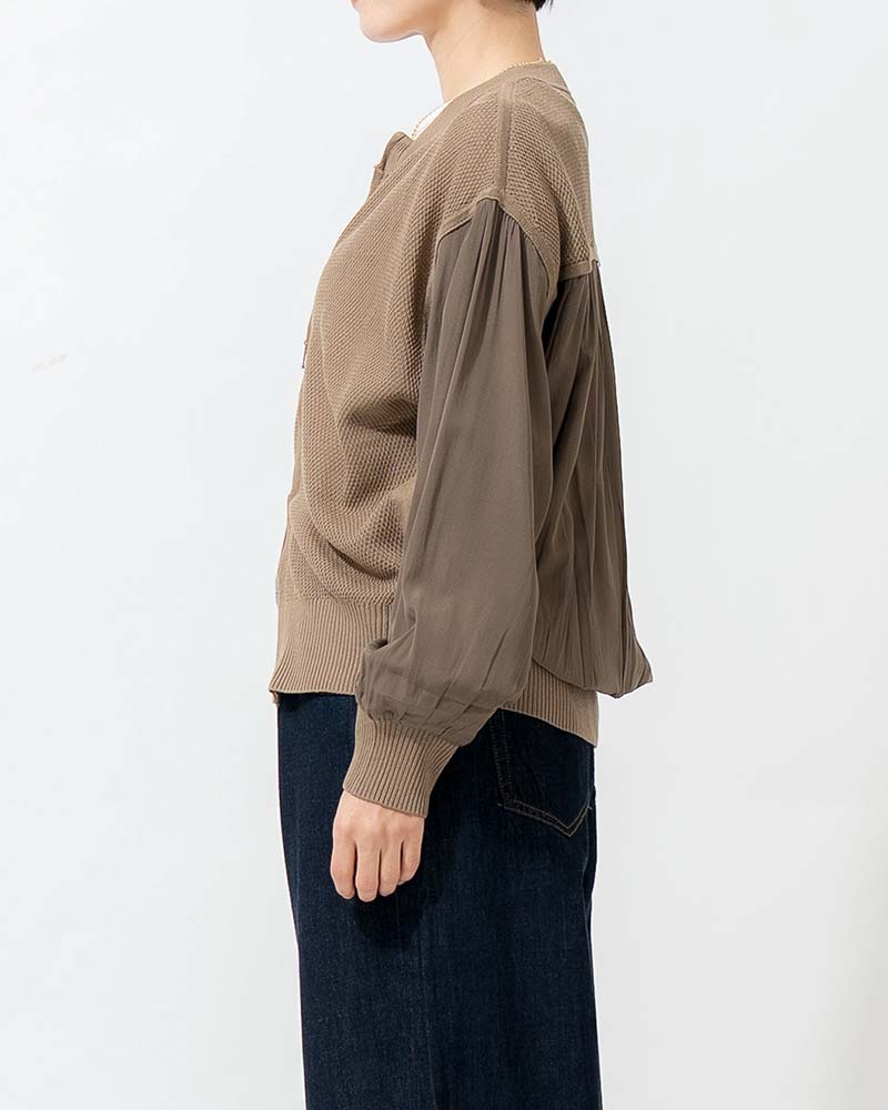 布帛切り替えタック編みリネンニットブルゾン
