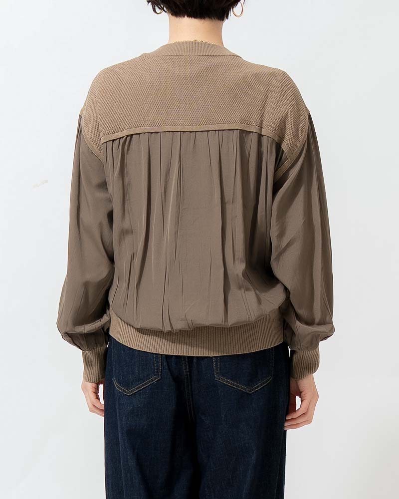 布帛切り替えタック編みリネンニットブルゾン