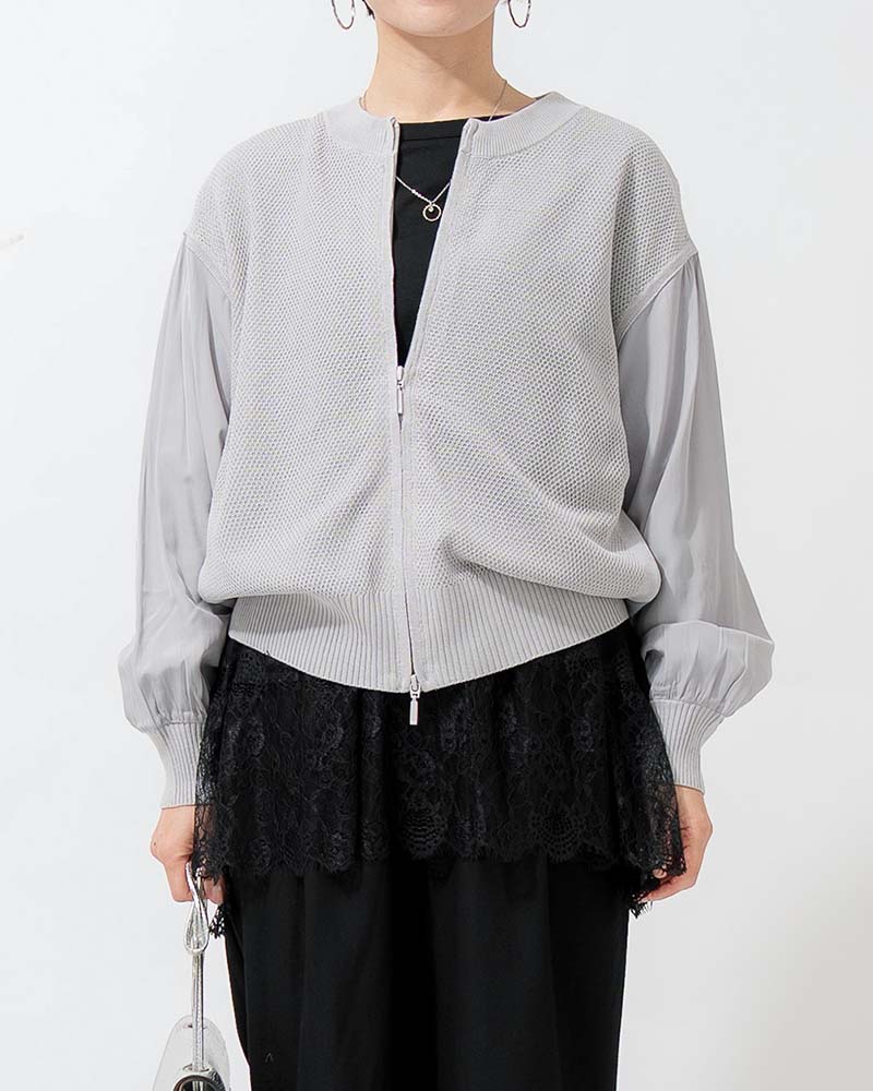 布帛切り替えタック編みリネンニットブルゾン