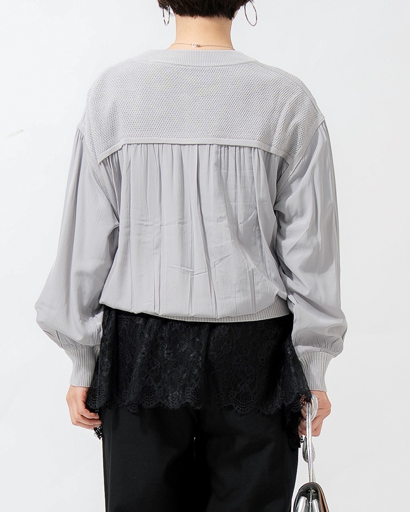 布帛切り替えタック編みリネンニットブルゾン