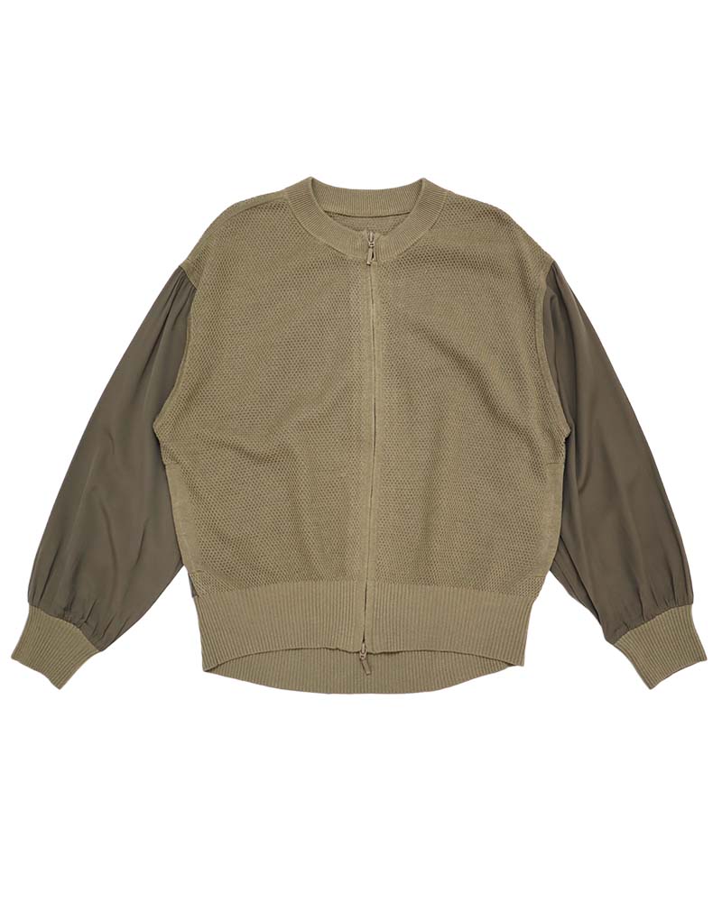 布帛切り替えタック編みリネンニットブルゾン