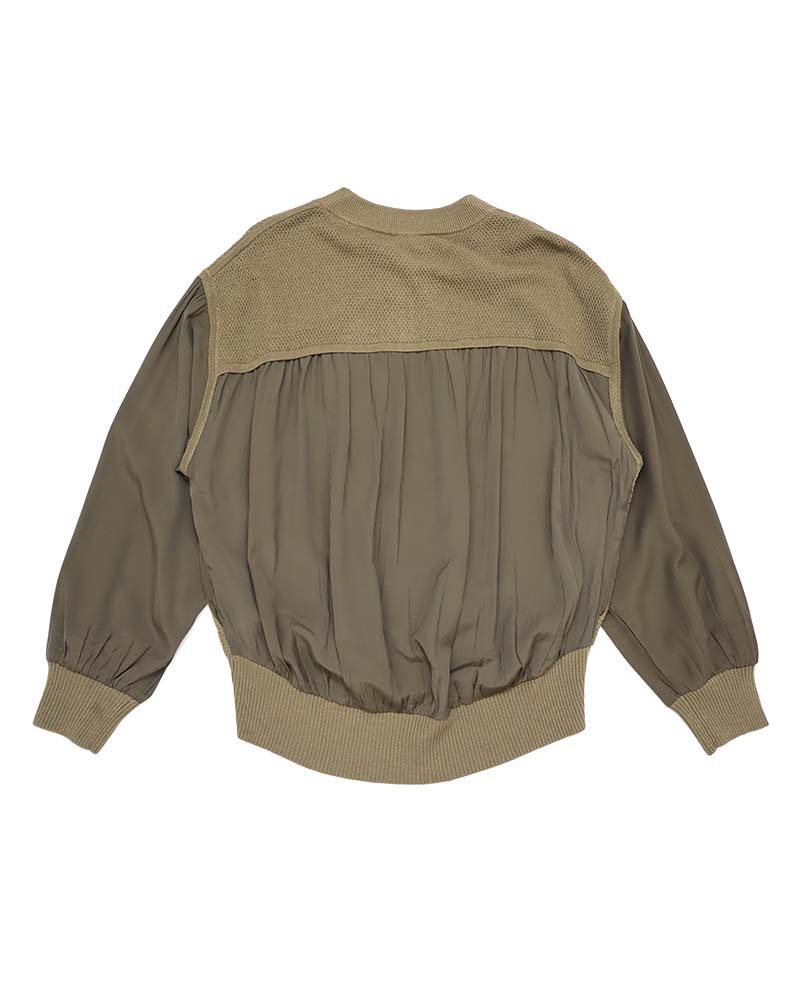 布帛切り替えタック編みリネンニットブルゾン