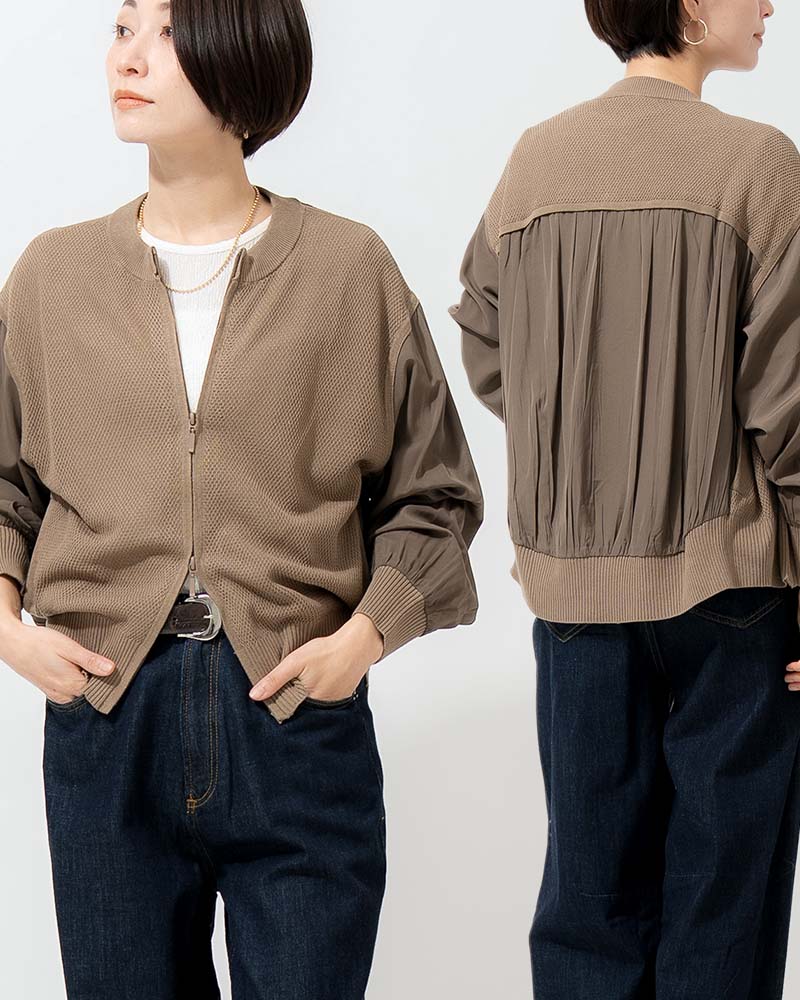 布帛切り替えタック編みリネンニットブルゾン