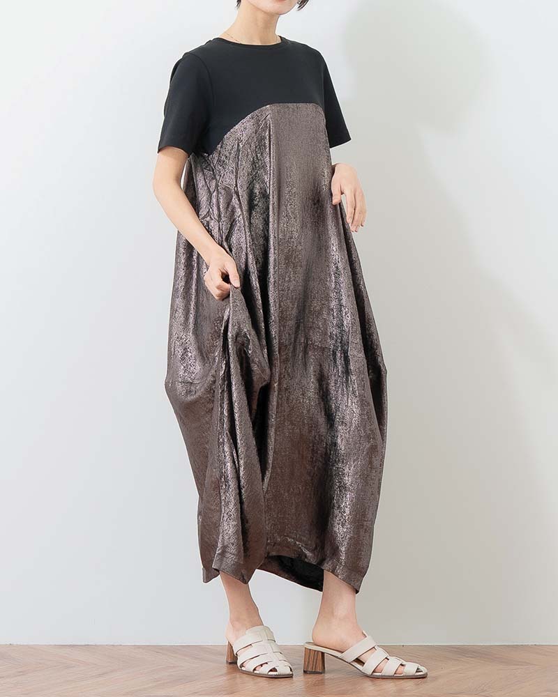 異素材切替バルーンシルエットワンピース