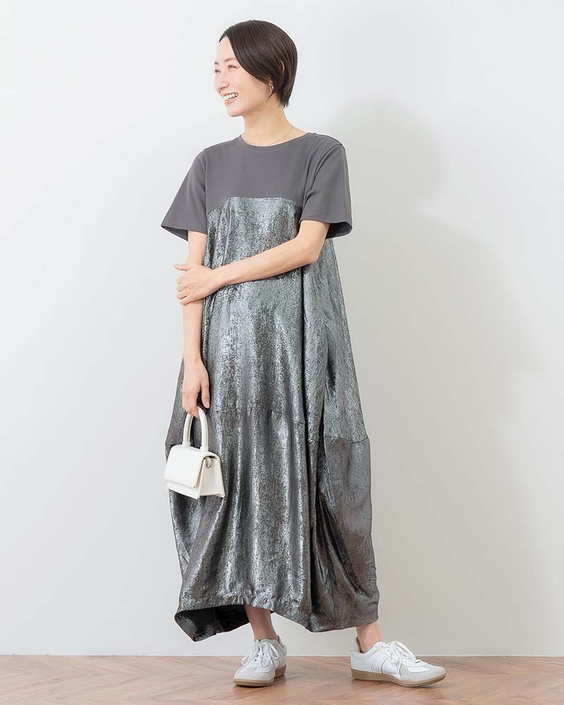 異素材切替バルーンシルエットワンピース