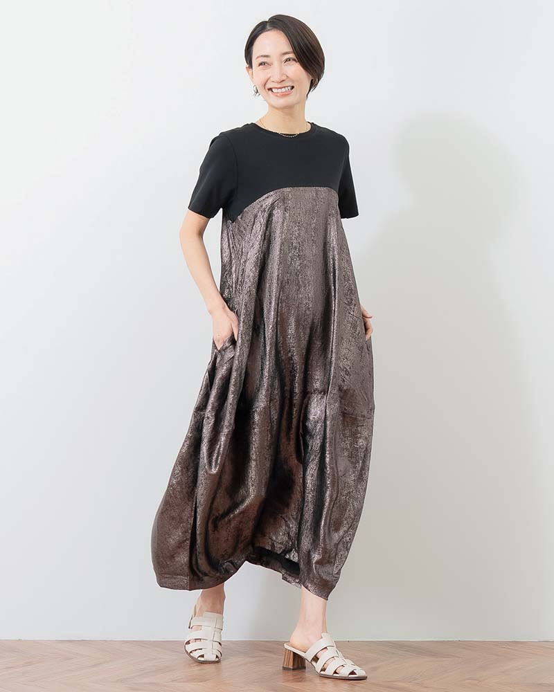 異素材切替バルーンシルエットワンピース