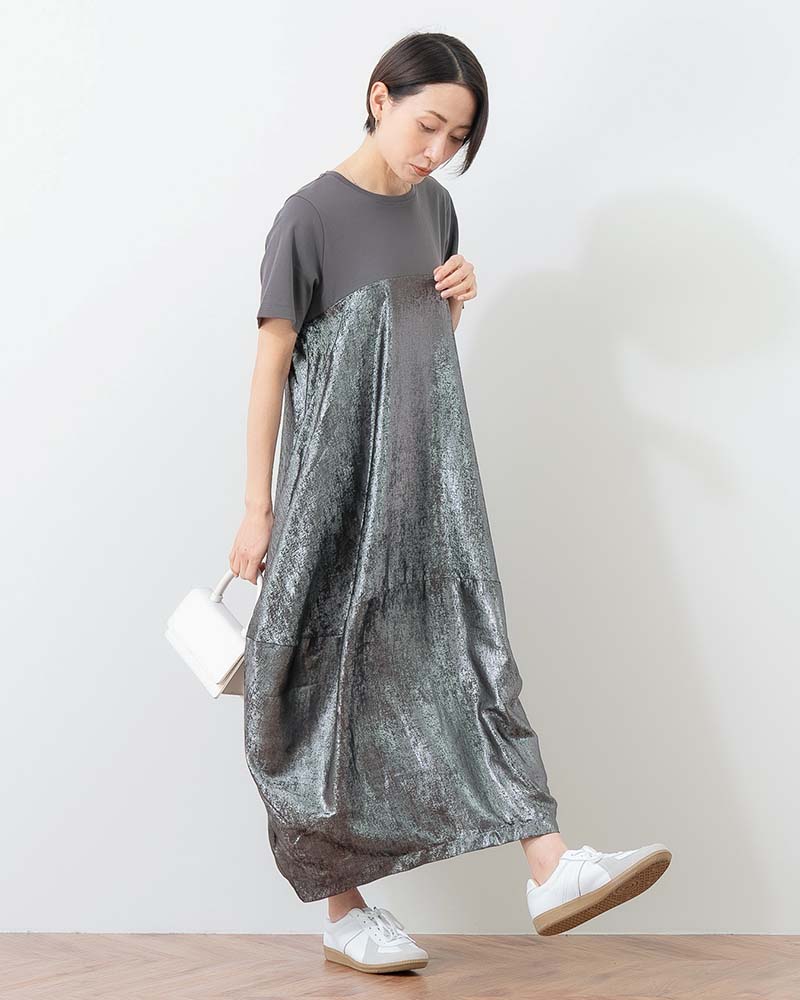 異素材切替バルーンシルエットワンピース