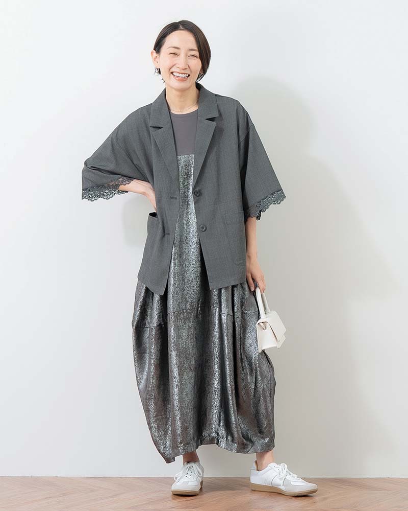 異素材切替バルーンシルエットワンピース