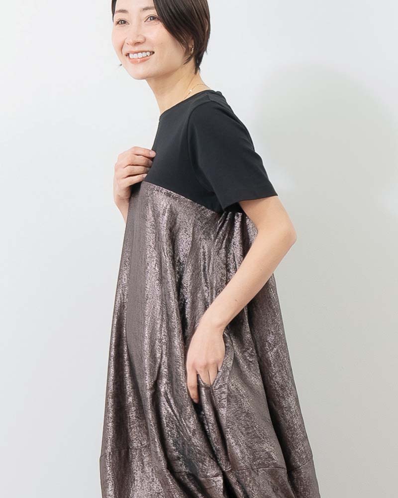 異素材切替バルーンシルエットワンピース