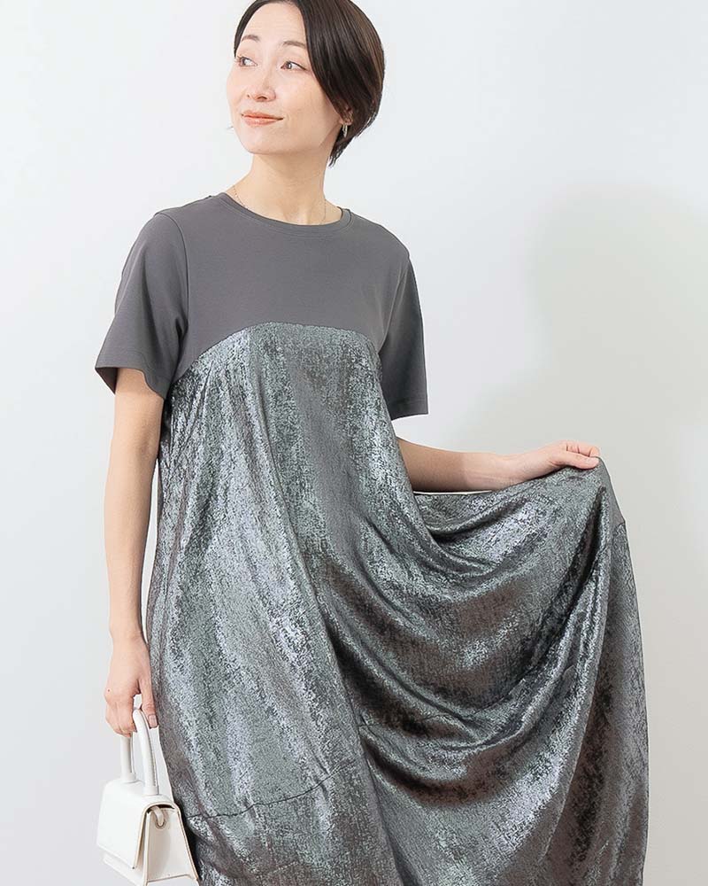 異素材切替バルーンシルエットワンピース