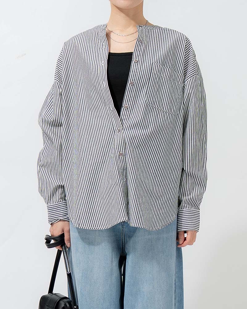 バンドカラーラウンドヘムブロードシャツ