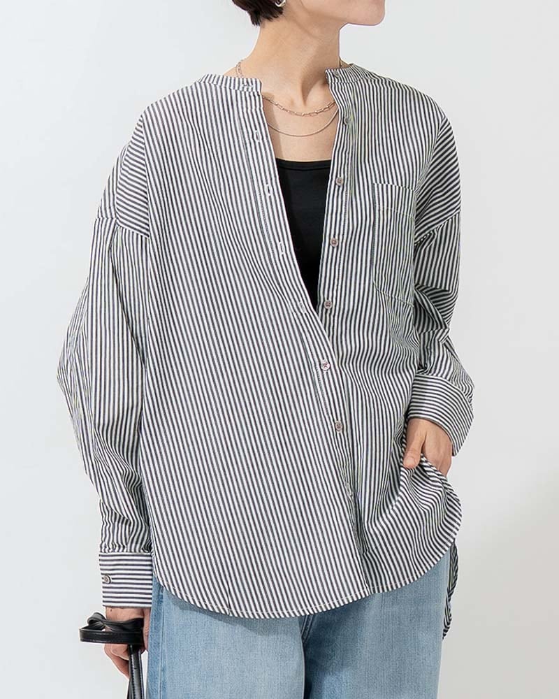 バンドカラーラウンドヘムブロードシャツ