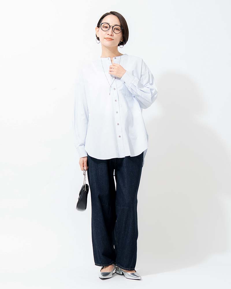 バンドカラーラウンドヘムブロードシャツ