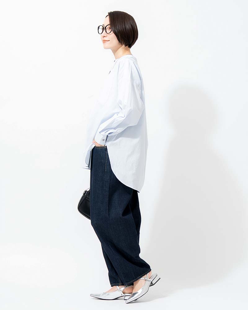 バンドカラーラウンドヘムブロードシャツ