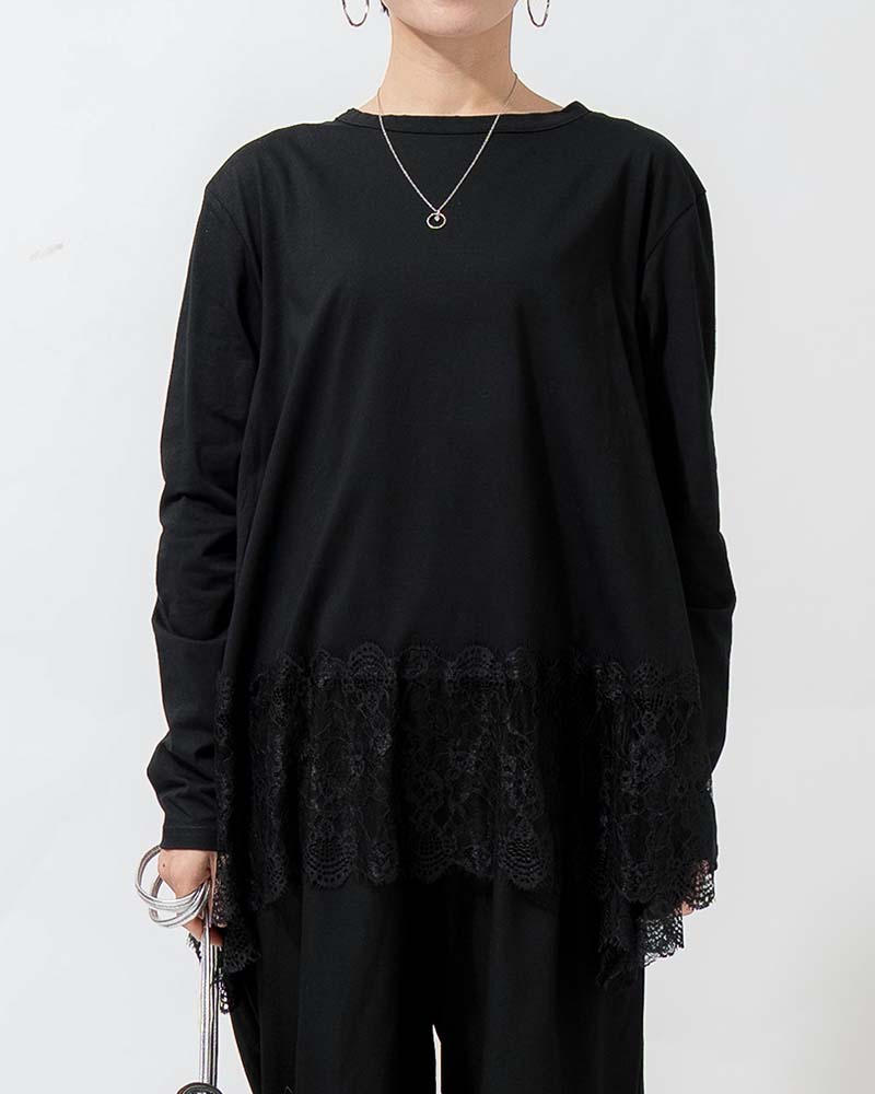 裾レース切り替えAライン天竺プルオーバー