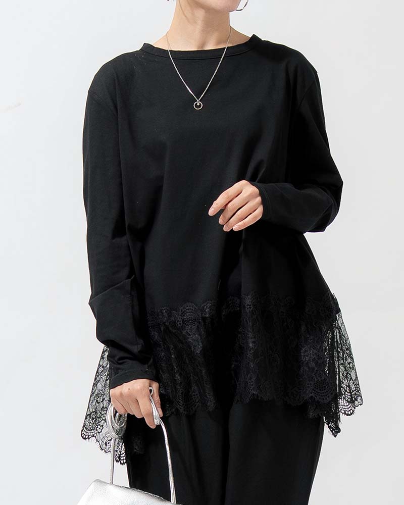 裾レース切り替えAライン天竺プルオーバー