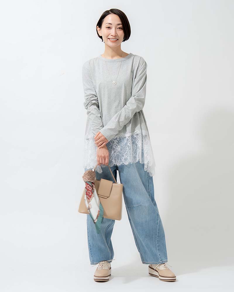 裾レース切り替えAライン天竺プルオーバー