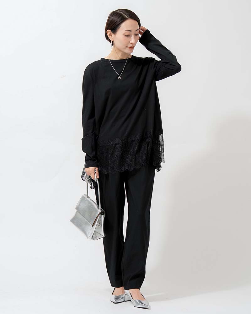 裾レース切り替えAライン天竺プルオーバー