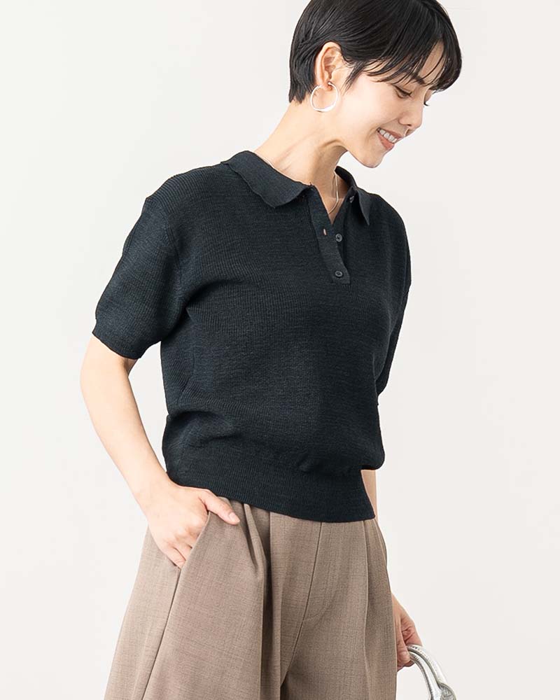 ポロ襟半袖ニットプルオーバー