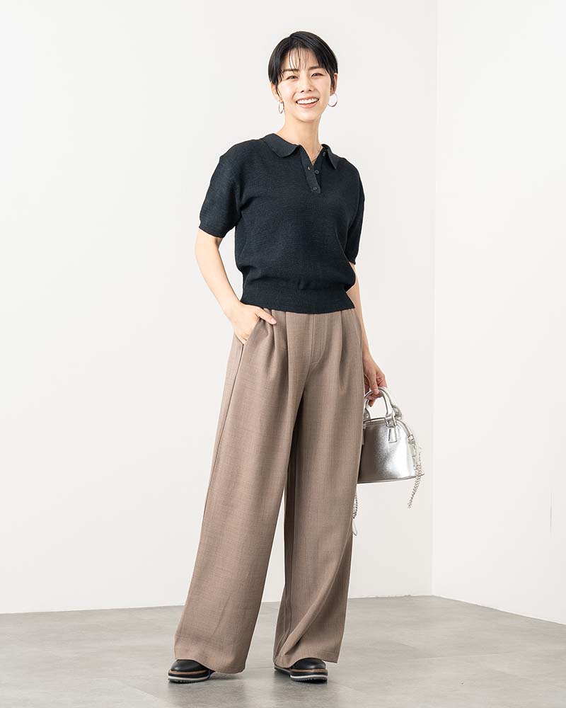 ポロ襟半袖ニットプルオーバー