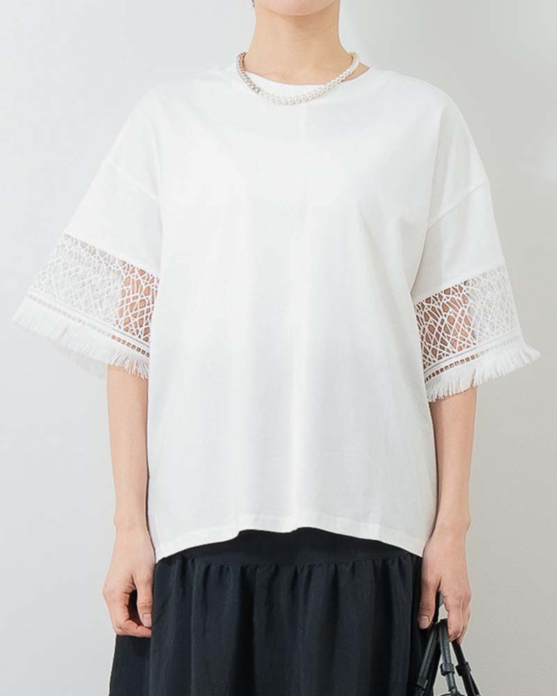 袖幾何学レースオーバーサイズTシャツ