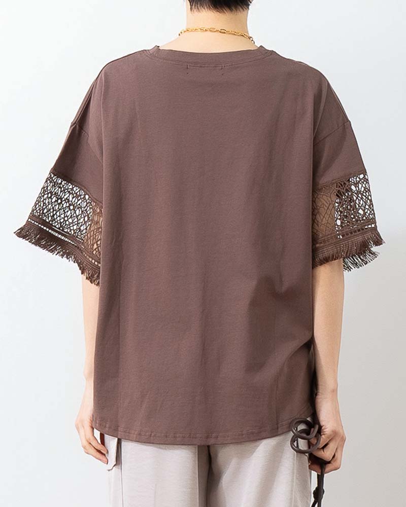 袖幾何学レースオーバーサイズTシャツ