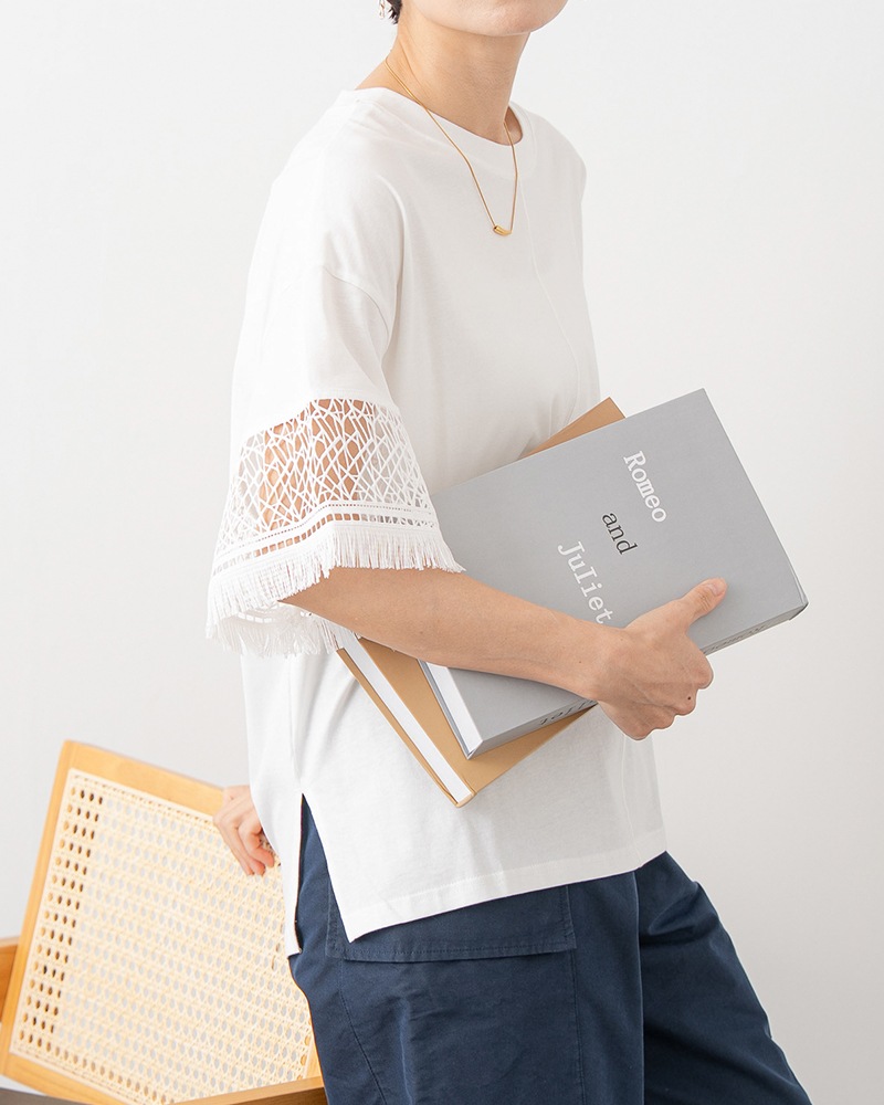 袖幾何学レースオーバーサイズTシャツ
