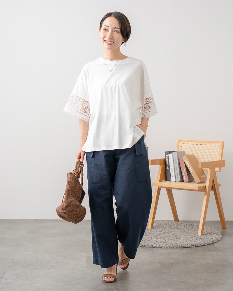 袖幾何学レースオーバーサイズTシャツ