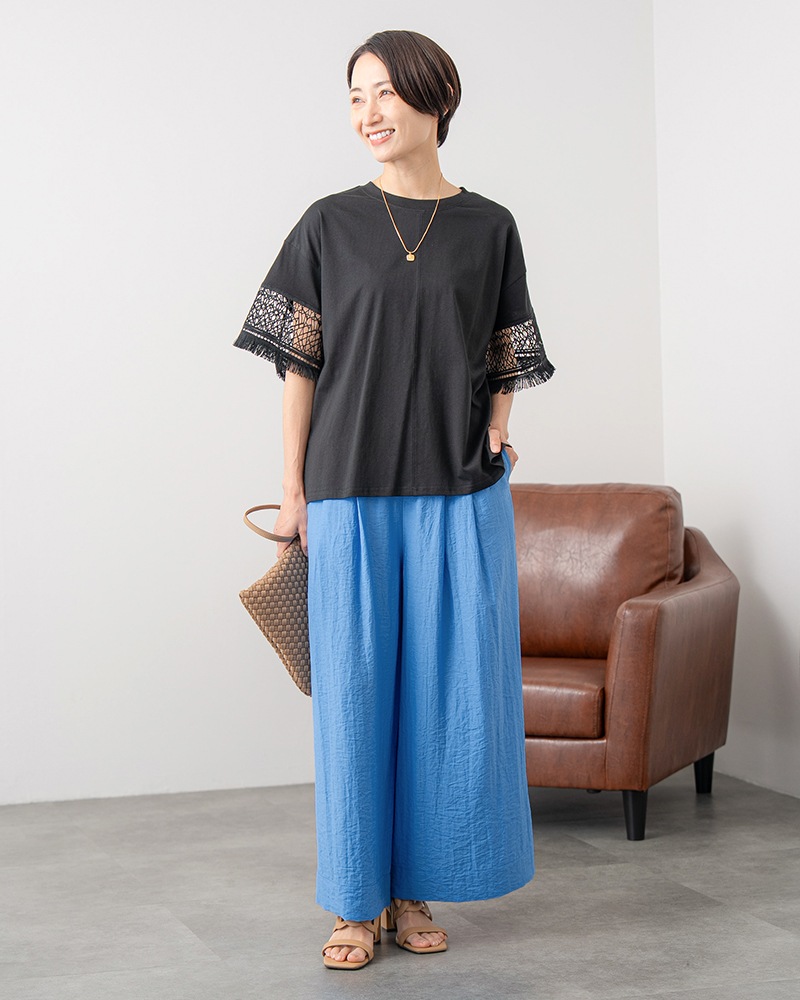 袖幾何学レースオーバーサイズTシャツ