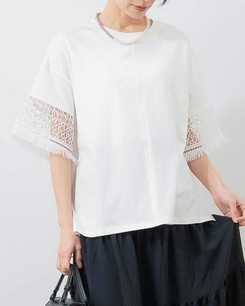 袖幾何学レースオーバーサイズTシャツ