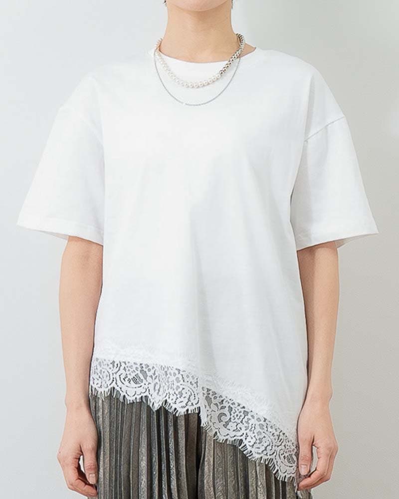 裾レーストリムアシンメトリーTシャツ