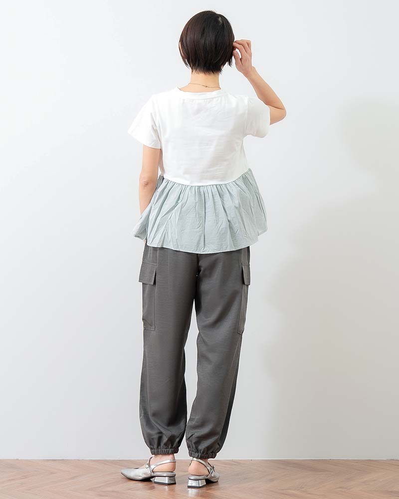 異素材切り替えペプラムTシャツ
