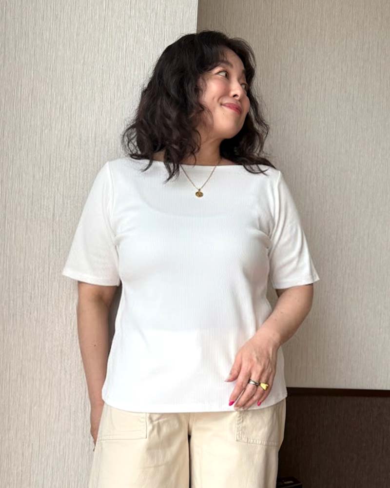 【otostyle】五分袖ボートネックリブプルオーバー