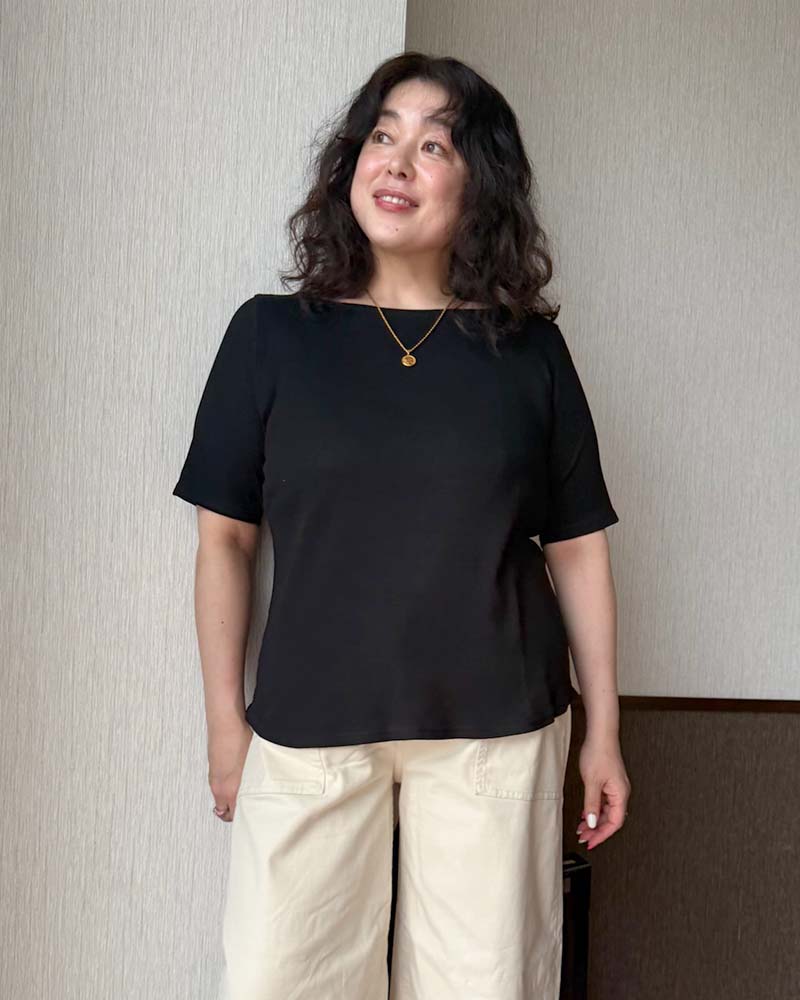 【otostyle】五分袖ボートネックリブプルオーバー