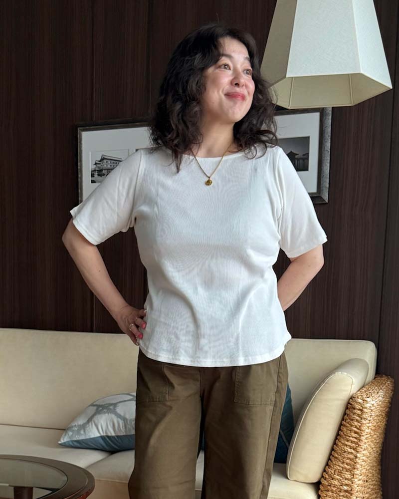 【otostyle】五分袖ボートネックリブプルオーバー