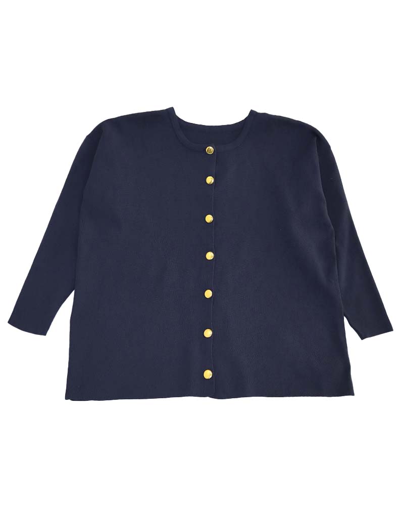 金釦アクセントスポンディッシュニットクルーネックカーディガン