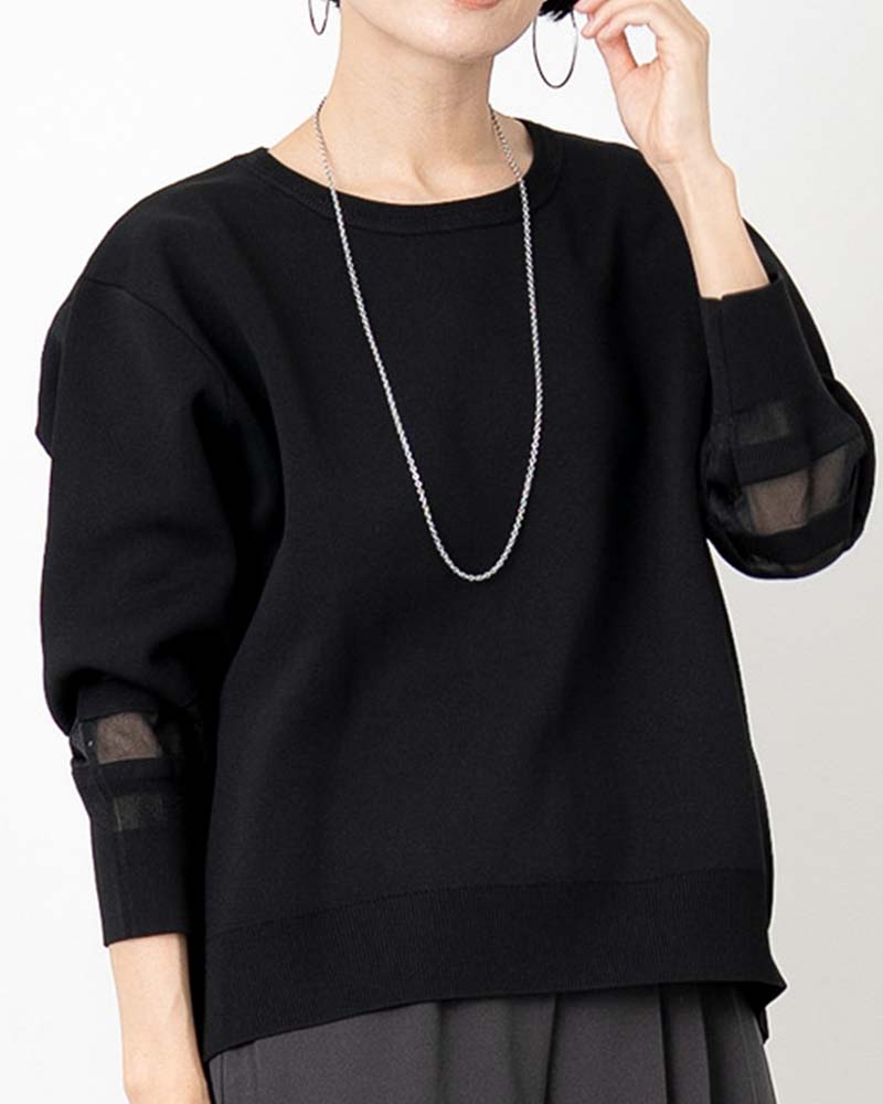 袖シアー切り替えミラノリブプルオーバー