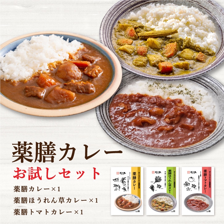 【送料無料】薬膳カレーお試しセット（薬膳カレー×1個　薬膳ほうれん草カレー×1個　薬膳トマトカレー×1個入り）