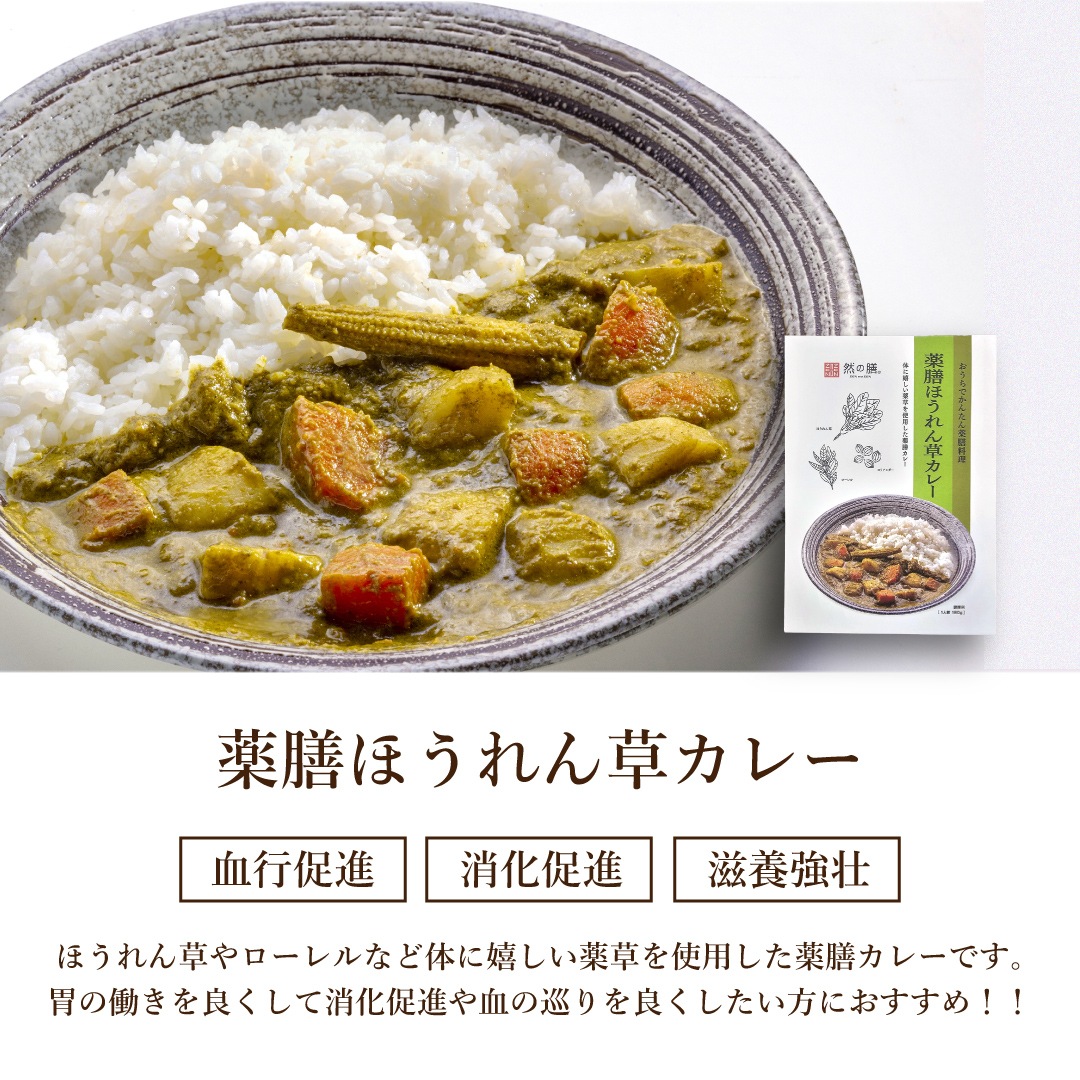 薬膳レトルトお試しセット（薬膳カレー・薬膳ほうれん草カレー・トマトクリーム・ボロネーゼ・ごぼうのスープ 各1個入り）