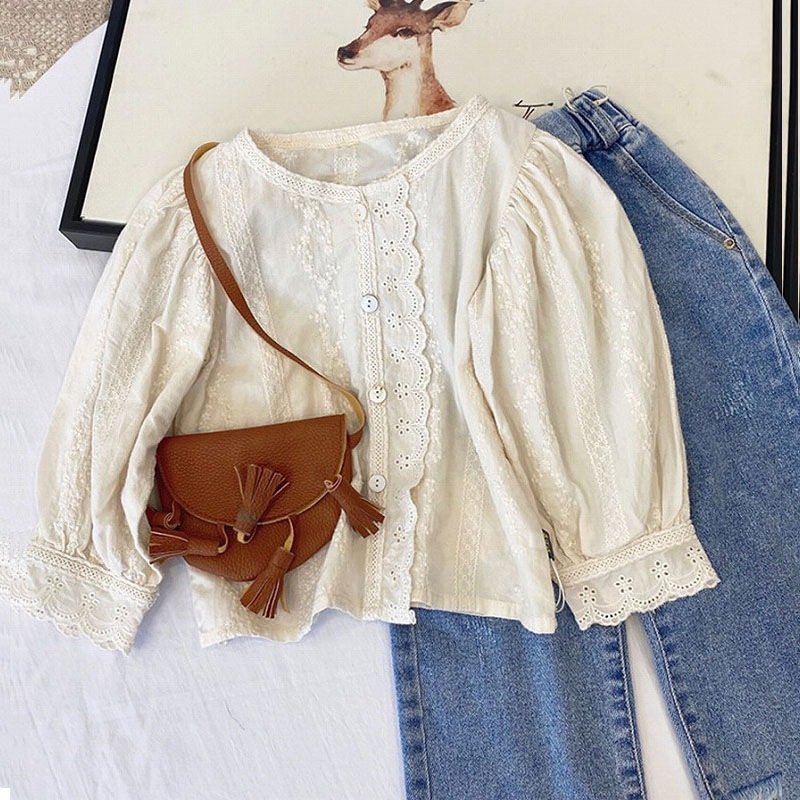 「90-130号」女の子 刺繍入り長袖 シャツ レース ラウンドネック トップス キッズ 子供服