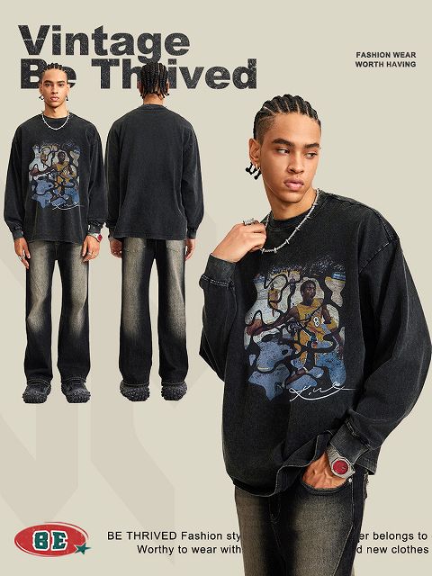 メンズファッション ビンテージ風 長袖 Tシャツ 男女兼用 ストリート系