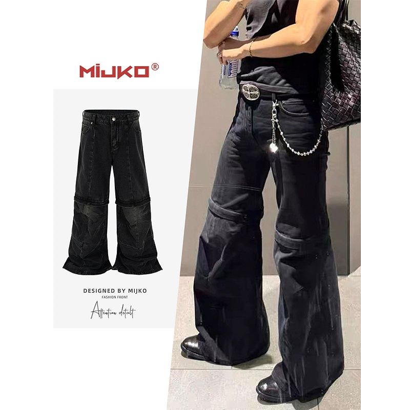 新品 ❗️Filet ダメージ加工 ダークブルー デニムパンツ ワイドシルエット ウエストゴム ダメージ加工デニムパンツ
