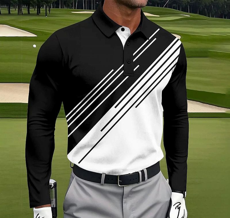 メンズ スポーツ風 長袖 ポロシャツ ゴルフ グラフィック 通気性 トップス 春夏 新作★全3色